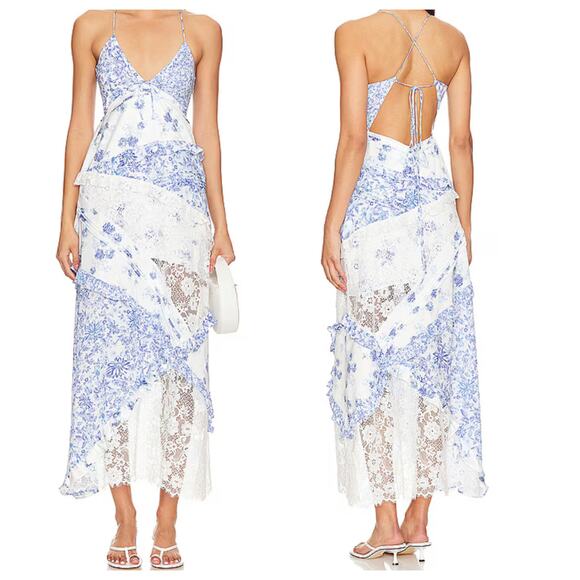 For Love And Lemons Dresses & Skirts - For Love & Lemons Maxi Dress Rosalyn White Blue Floral lace NWOT Size Small